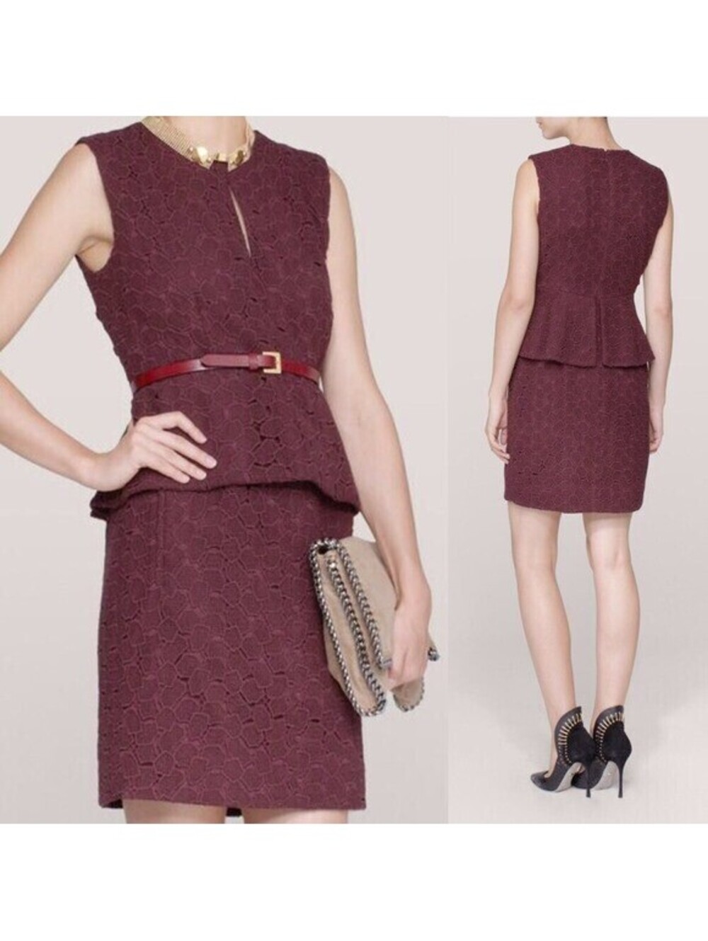 Diane von furstenberg Delian Lace dress Peplum Burgundy Sleeveless Women S